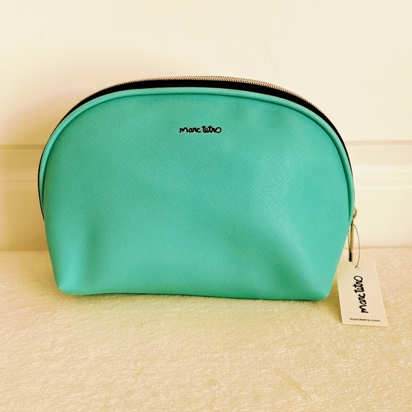 marc tetro Frenchie Large Cosmetic Case Pouch Bag PVC Saffiano Aqua NWT - Picture 6 of 12